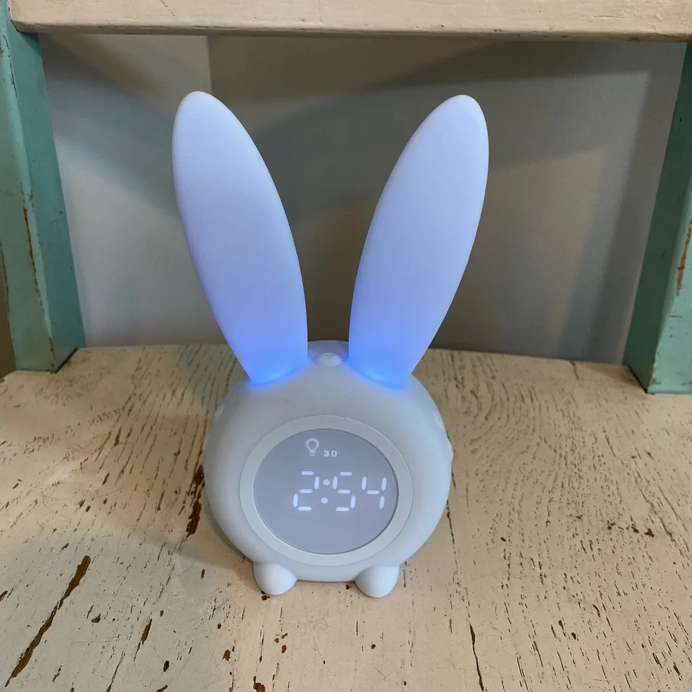 Anmones Bunny Alarm Clock Blue Silicone Digital LED Night Light USB Cute Charger